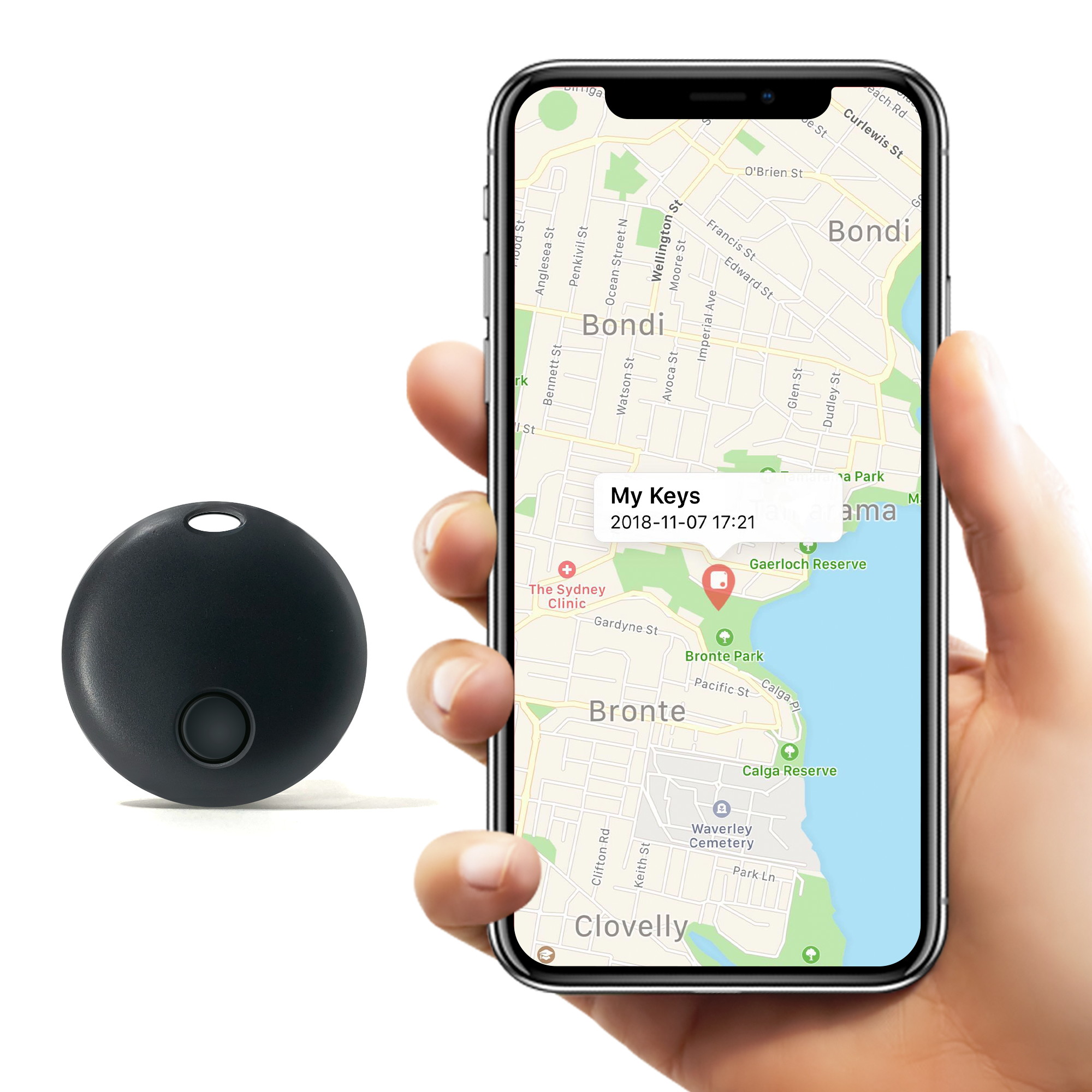 Safedome SD Mini Bluetooth Tracker, Smart Finder for Lost Keys, Wallets, Purses, and Bags. Small Bluetooth Phone Tracking Device with Replaceable Battery and Free Companion App - Black