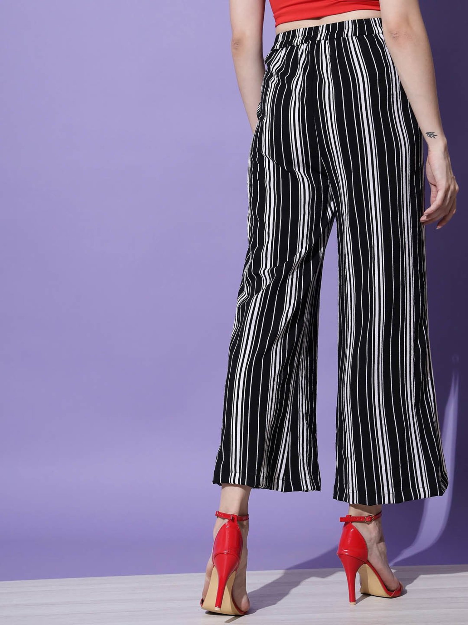 Trend Arrest Black & White Striped Relaxed Fit High Rise Regular Pants