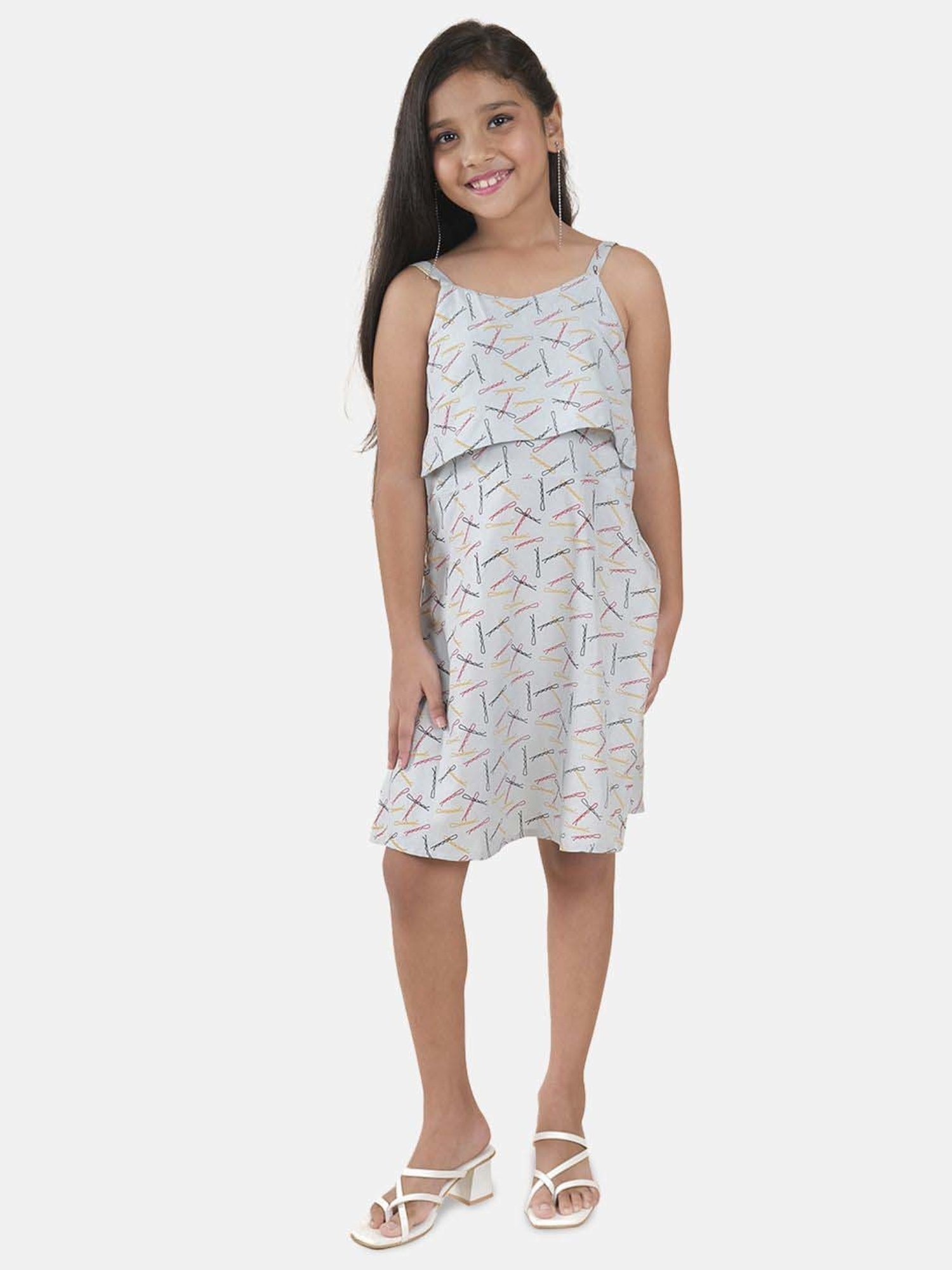 Kiddopanti Girls White Printed Casual Dresses