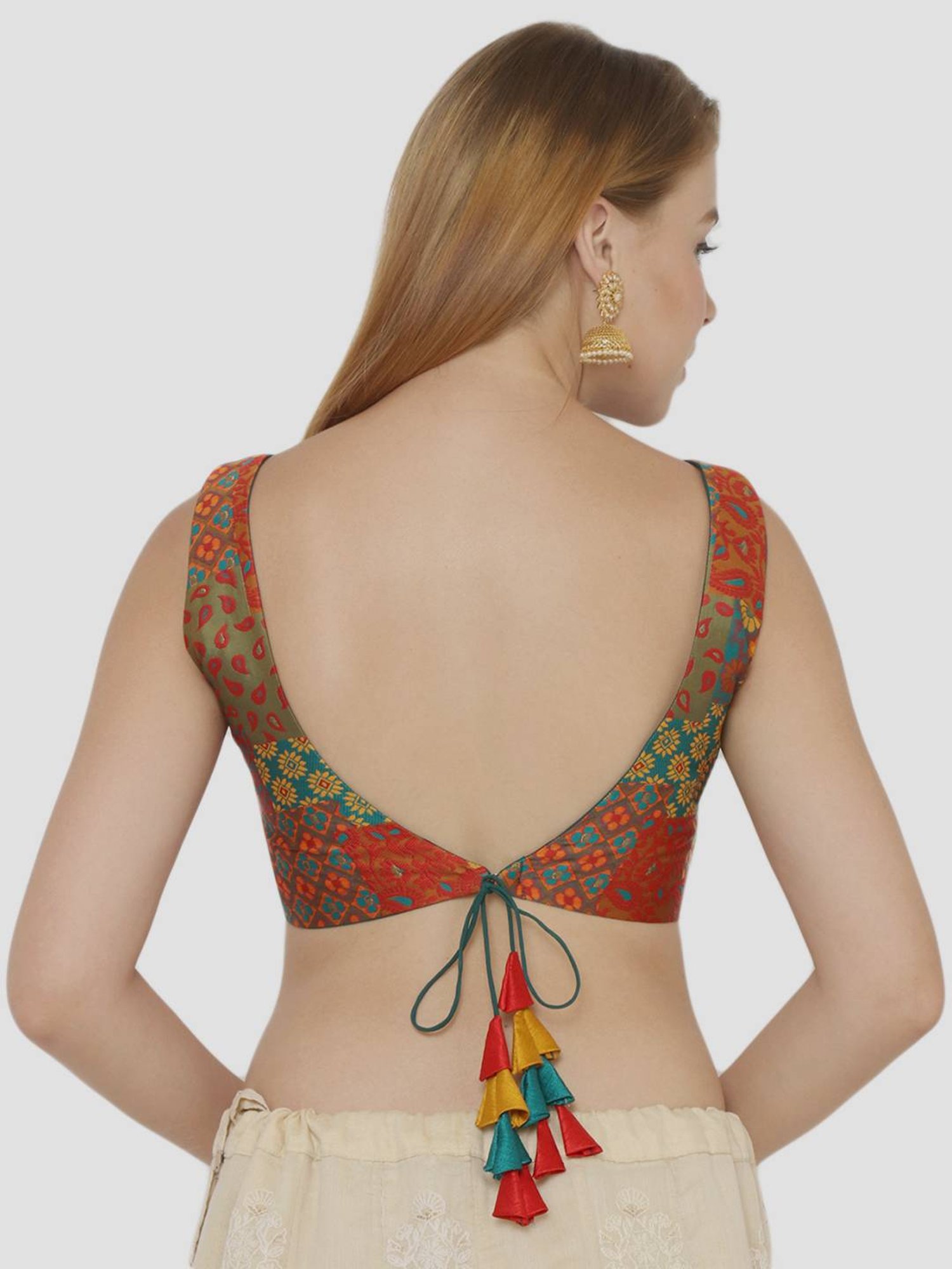 Salwar Studio Rama Green & Orange Printed Readymade Blouse