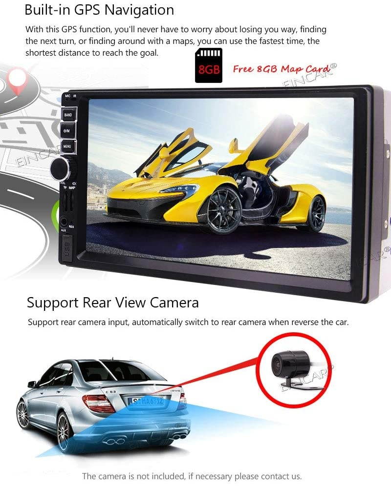 EinCar Newest Double 2 Din Car Stereo, 7 Inch Capacitive Touch Screen Car Radio MP3/MP5/FM Player Supports GPS Navigation/Bluetooth/USB/TF Card with Remote Control and 8GB GPS Map Card