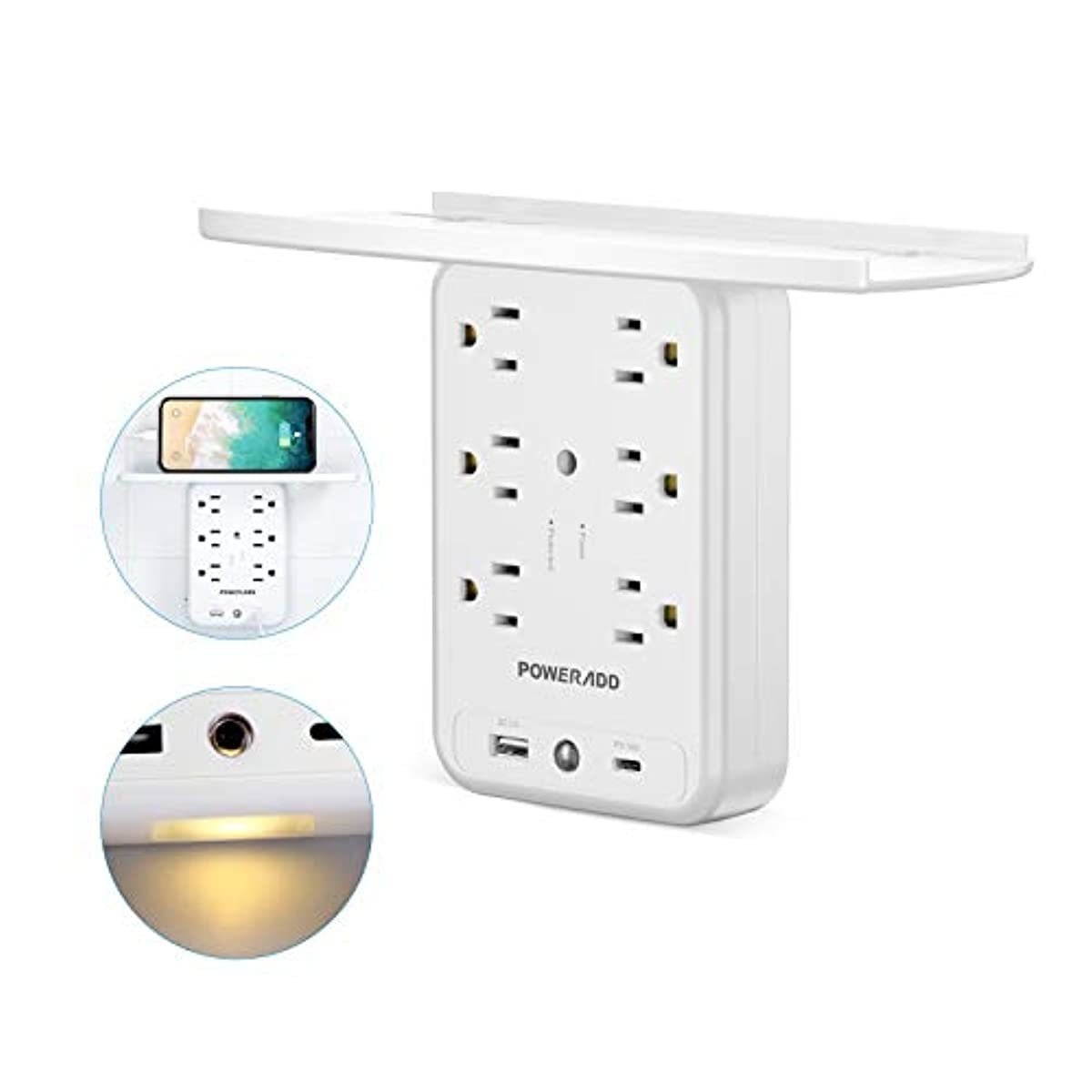 Socket Shelf Wall Outlet, POWERADD 6 Outlet Extender Surge Protector with USB C PD 18W, 1875W 1700J, Multi Plug Outlet with Removable Shelf and Smart Night Light for Bathroom/Home/Dorm