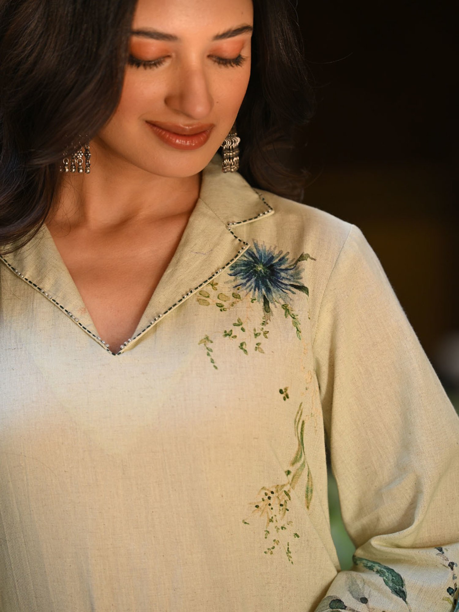 Mahee Jaipur Linen Cotton Aqua Blue floral Placement Print Kurta Set