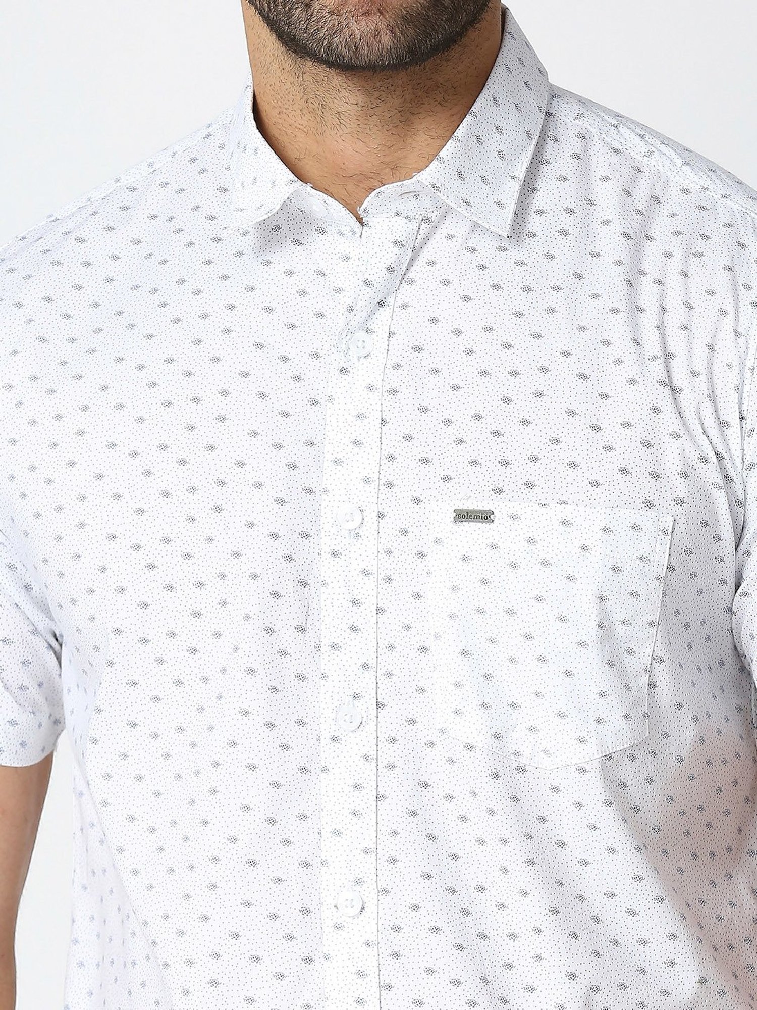 SOLEMIO White Slim Fit Printed Shirt