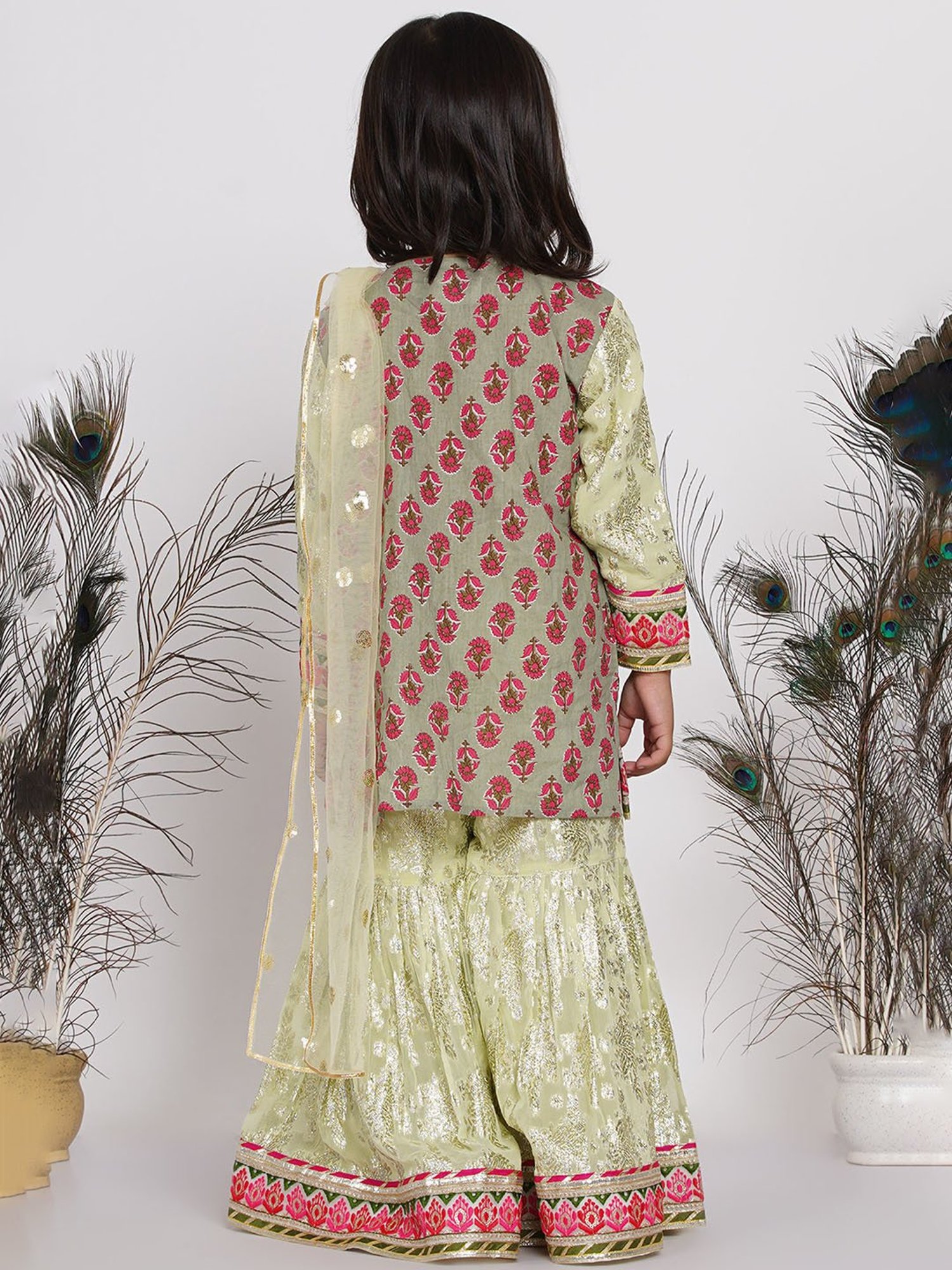 Little Bansi Green Embellished 1 Kurta, 1 Sharara & 1 Dupatta