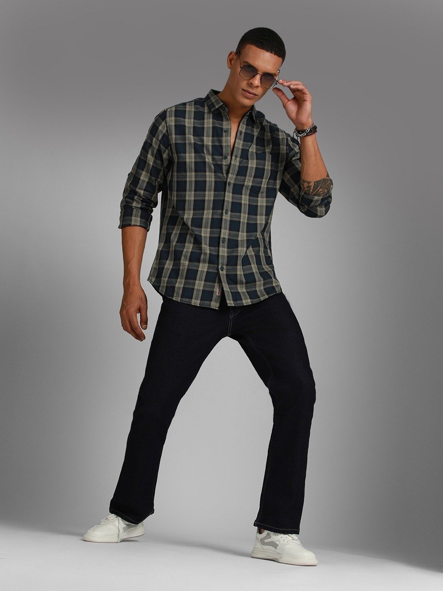 High Star Green Cotton Regular Fit Checks Shirt