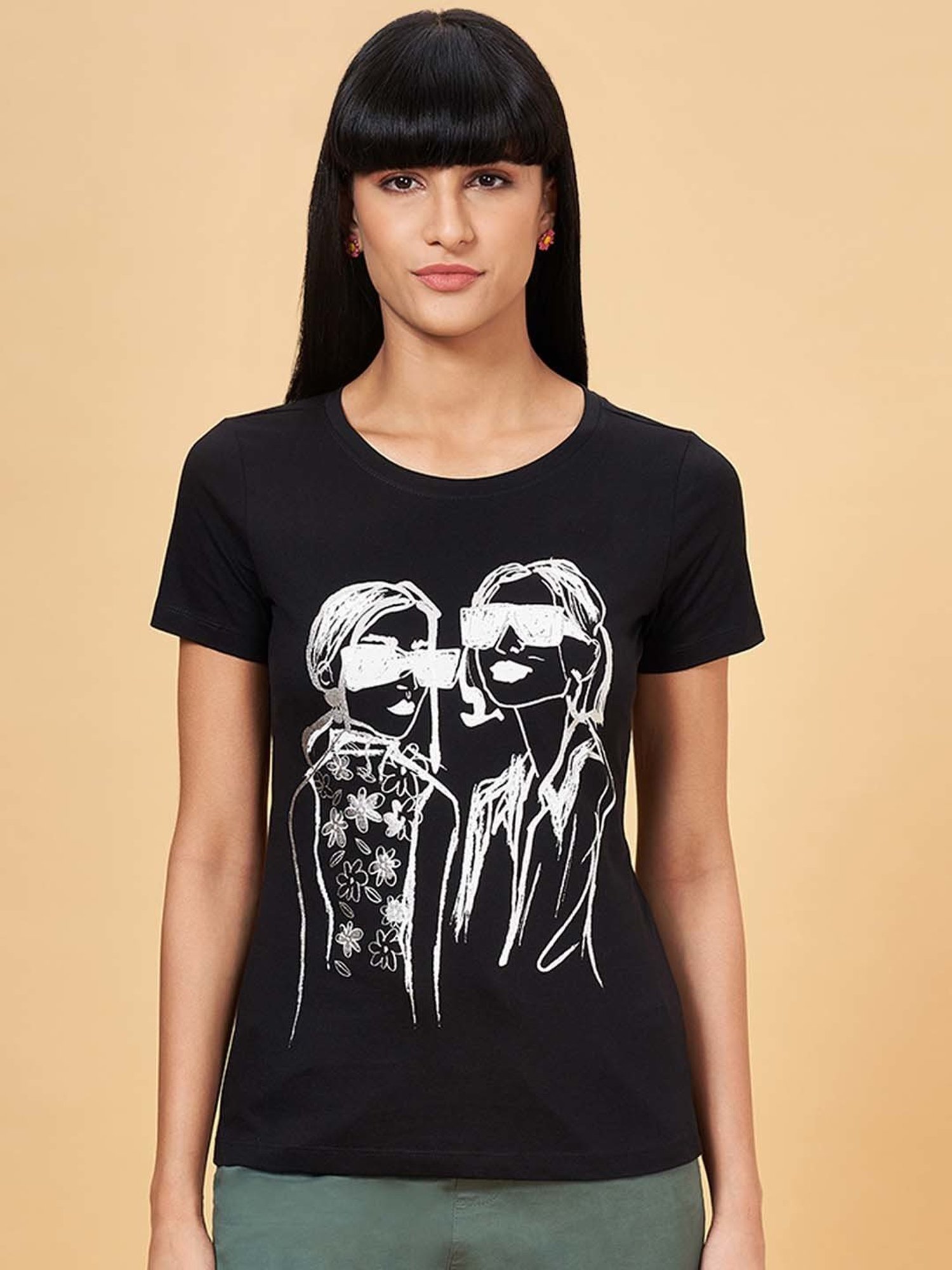 Honey by Pantaloons Black Cotton Printed T-Shirt