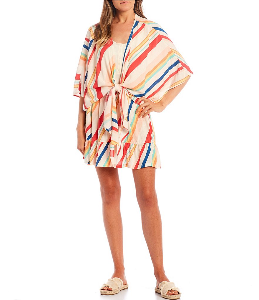 Hurley Short-Sleeve Tie-Front Striped Short Kimono