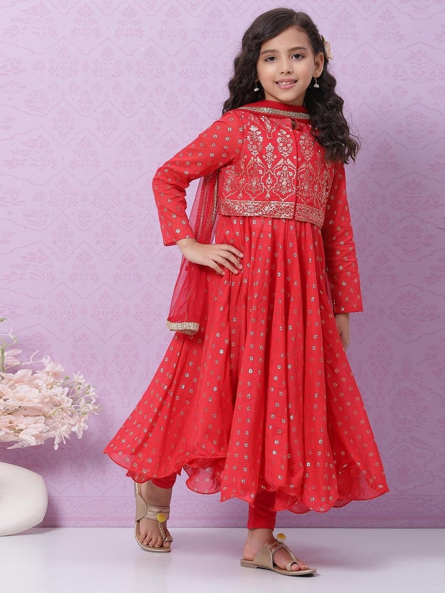 Biba Kids Red & Gold Cotton Printed Full Sleeves Kurta Set