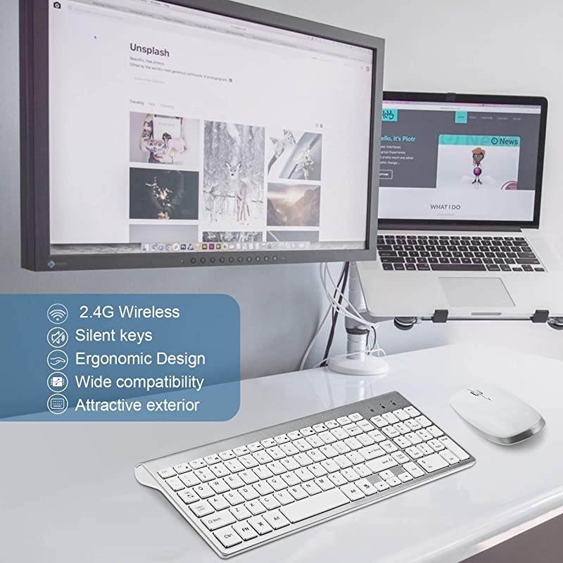 Wireless Keyboard and Mouse Combo  USB Slim 24G Wireless Keyboard Mouse FullSize Ergonomic Compact with Number Pad for Laptop PC Computer Silver White