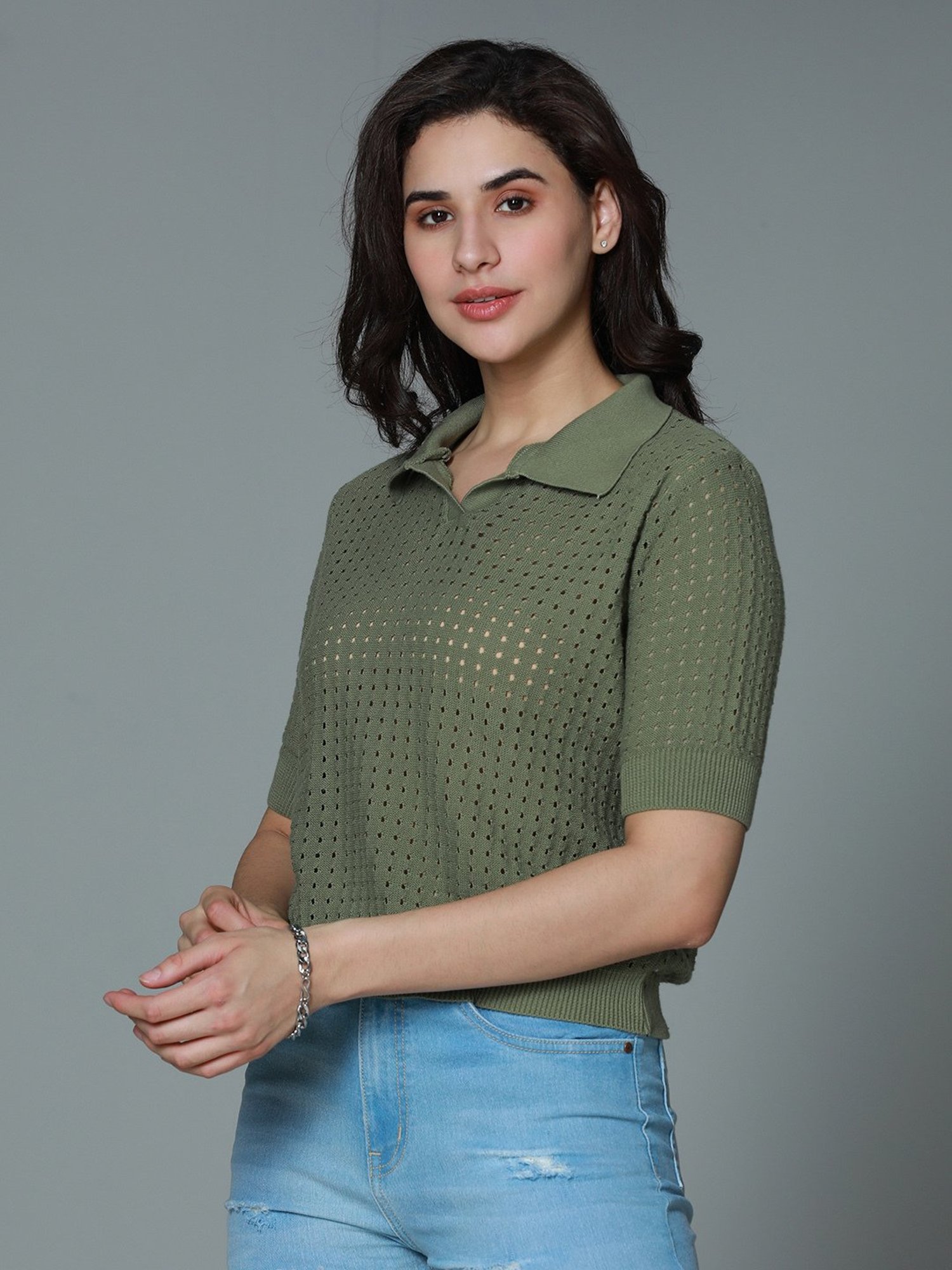 High Star Green Cotton Self Design Top