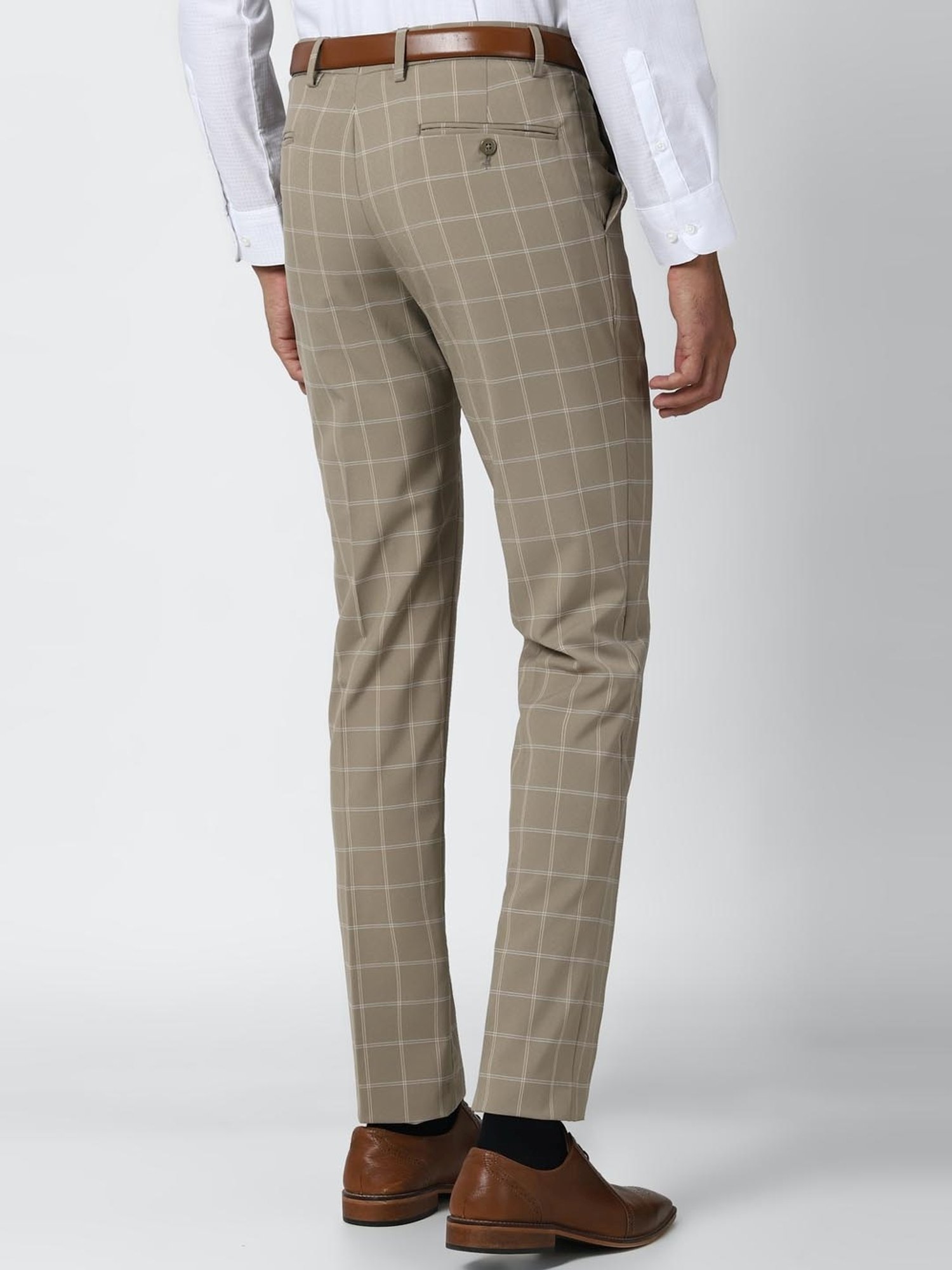 Peter England Khaki Slim Fit Checks Trousers