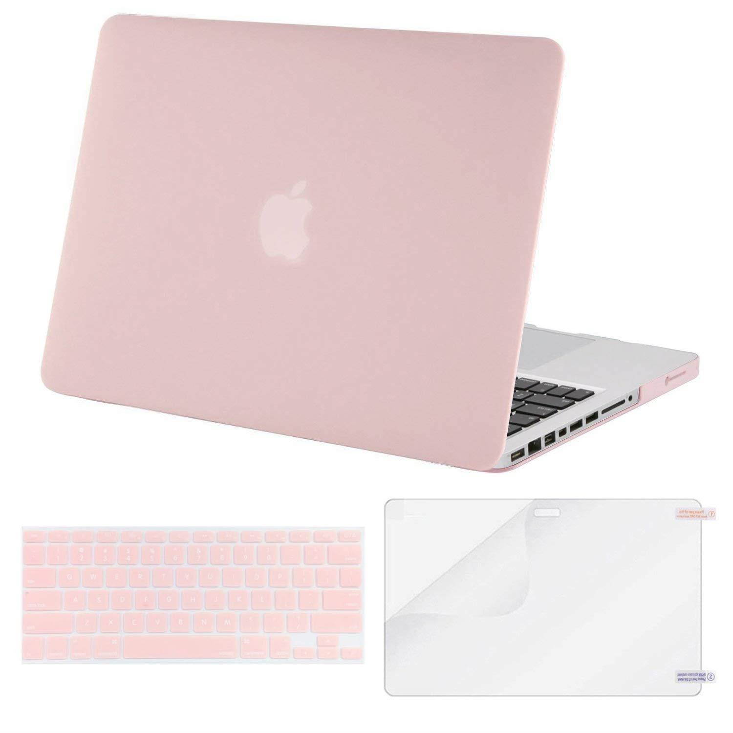 MOSISO Plastic Hard Shell Case & Keyboard Cover & Screen Protector Only Compatible Old MacBook Pro 13 Inch (A1278 CD-ROM), Release Early 2012/2011/2010/2009/2008, Rose Quartz