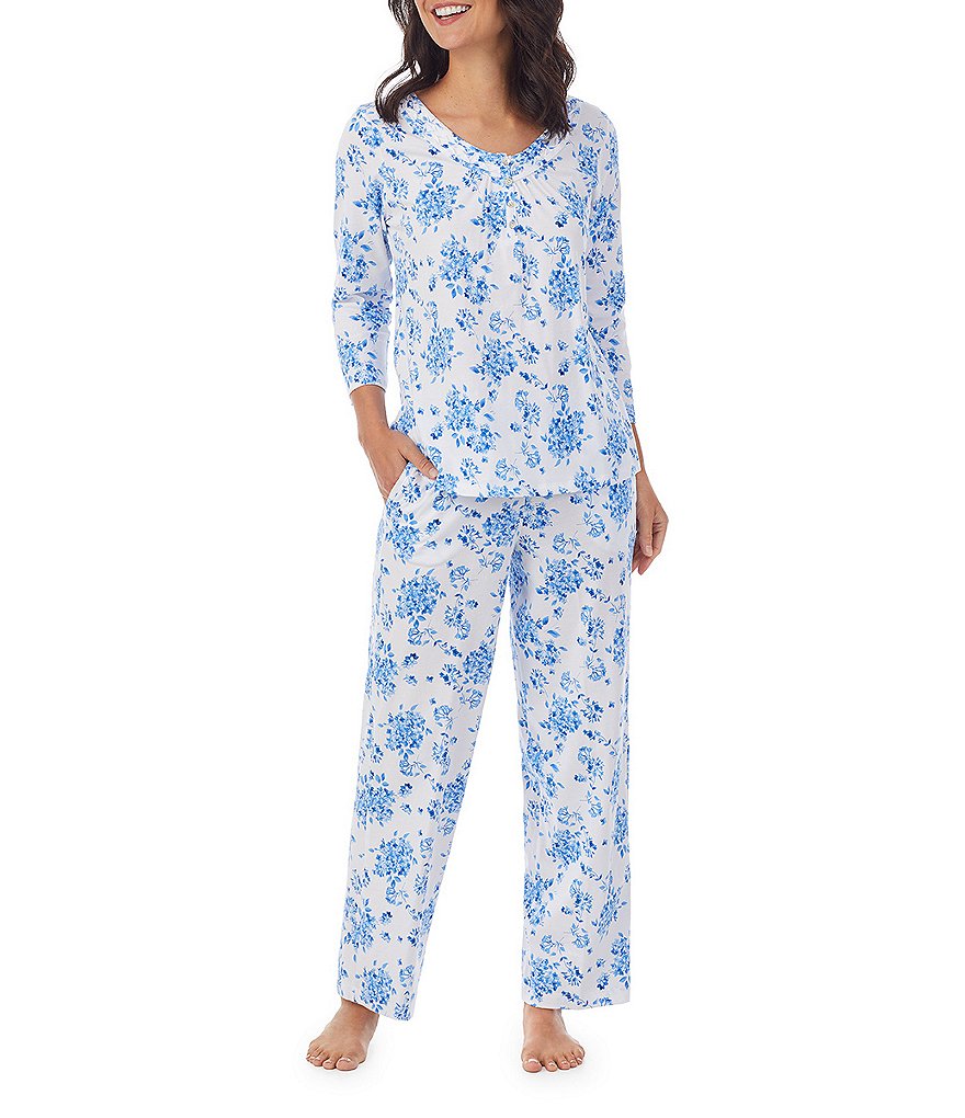 Carole Hochman Floral Print Round Neck 3/4 Sleeve Jersey Knit Pajama Set