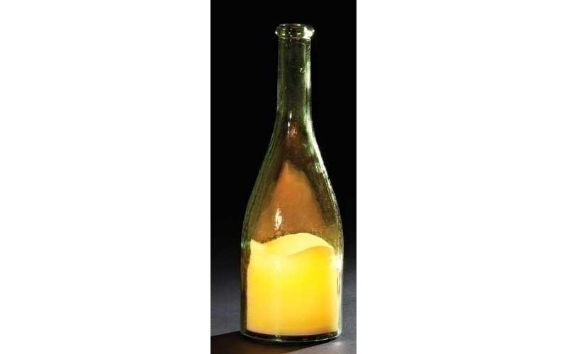 Roman 10" LED Flameless Pillar Candle in a Transparent Green Glass Bottle Lantern