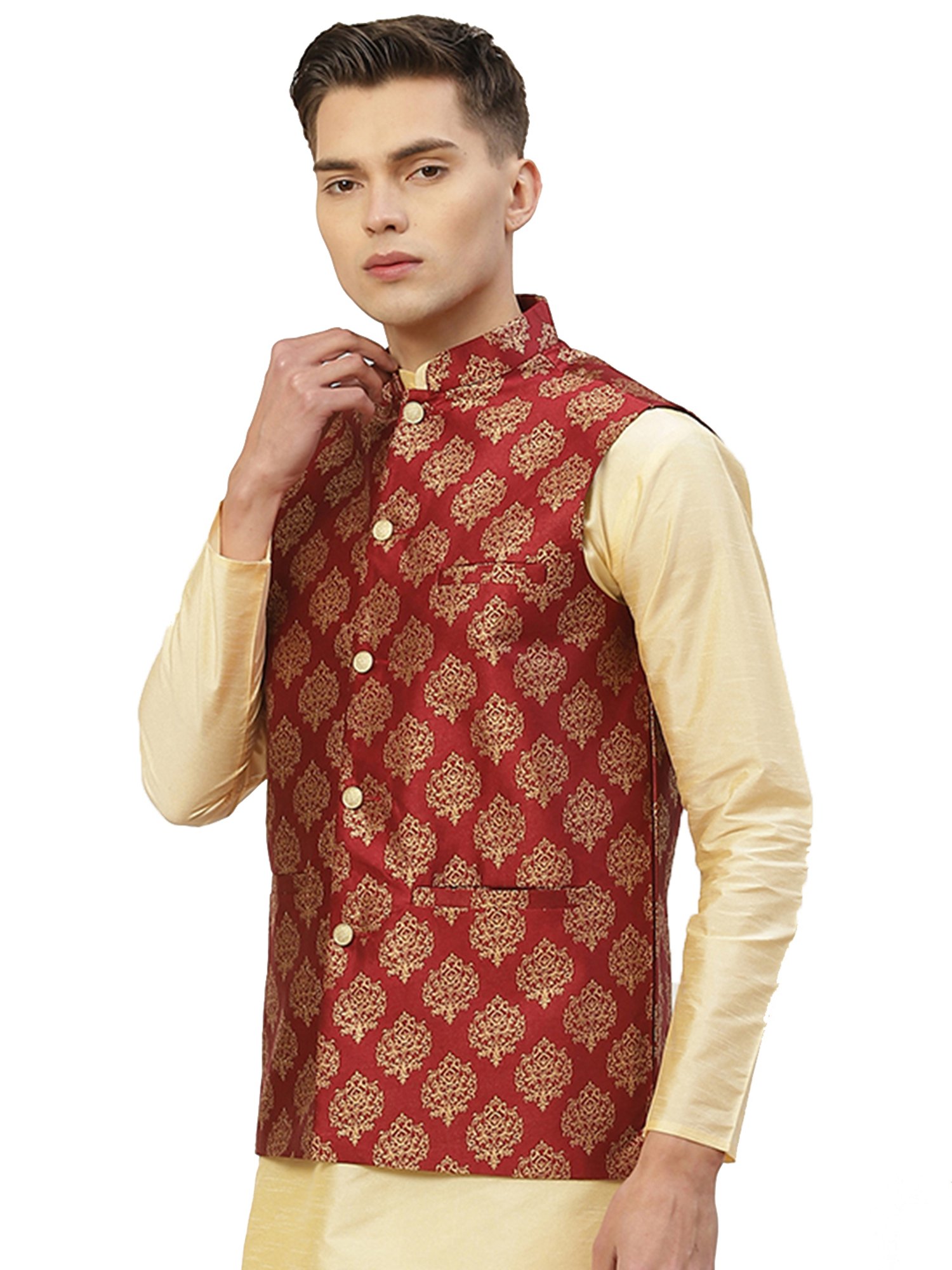 Jompers Maroon Cotton Regular Fit Printed Nehru Jackets