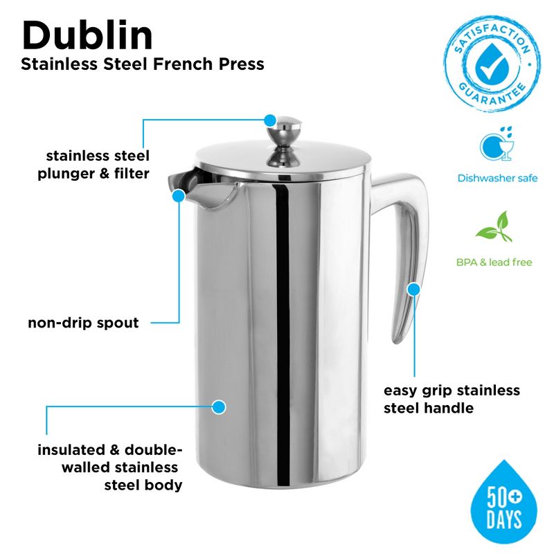GROSCHE DUBLIN Stainless Steel Double Wall Insulated French Press, 34 fl oz. Capacity