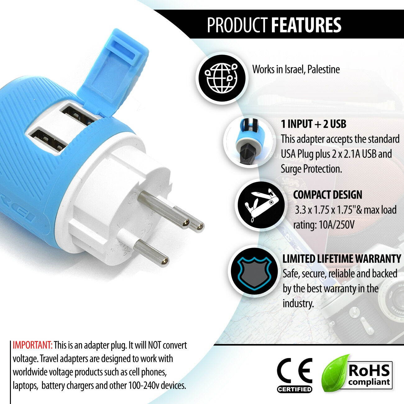 Israel, Palestine Travel Plug Adapter by OREI with Dual USB - USA Input + Surge Protection - Type H (U2U-14), Will Work with Cell Phones, Camera, Laptop, Tablets, iPad, iPhone and More