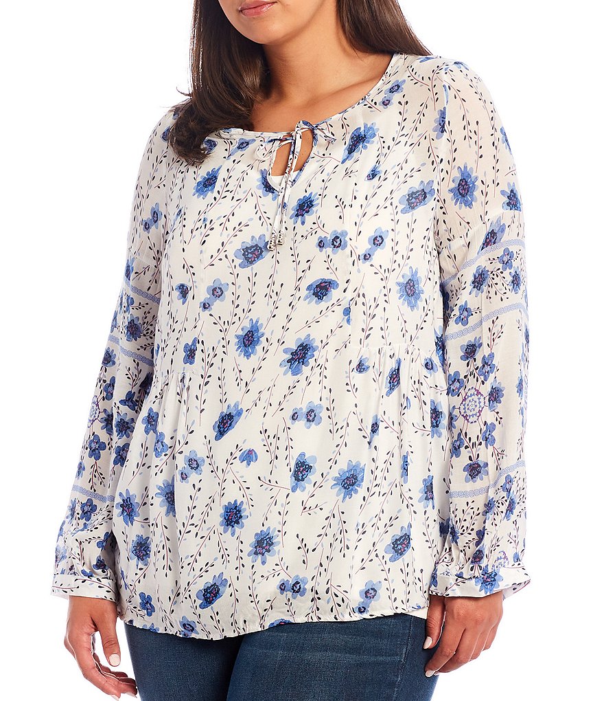 One World Apparel Plus Size Floral Stripe Mix Print Tie Keyhole Round Neck Long Bubble Sleeve Top