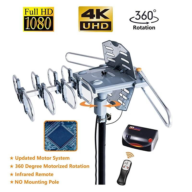 Amplified Digital Outdoor HDTV Antenna 150 Miles Long Range 360 Degree Rotation Infrared Control Tools Free Installation Support 2 TVs