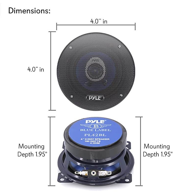 4quot Car Sound Speaker Pair Upgraded Blue Poly Injection Cone 2Way 180 Watt Peak w Nonfatiguing Butyl Rubber Surround 110 20Khz Frequency Response 4 Ohm amp 34quot ASV Voice Coil  PL42BL