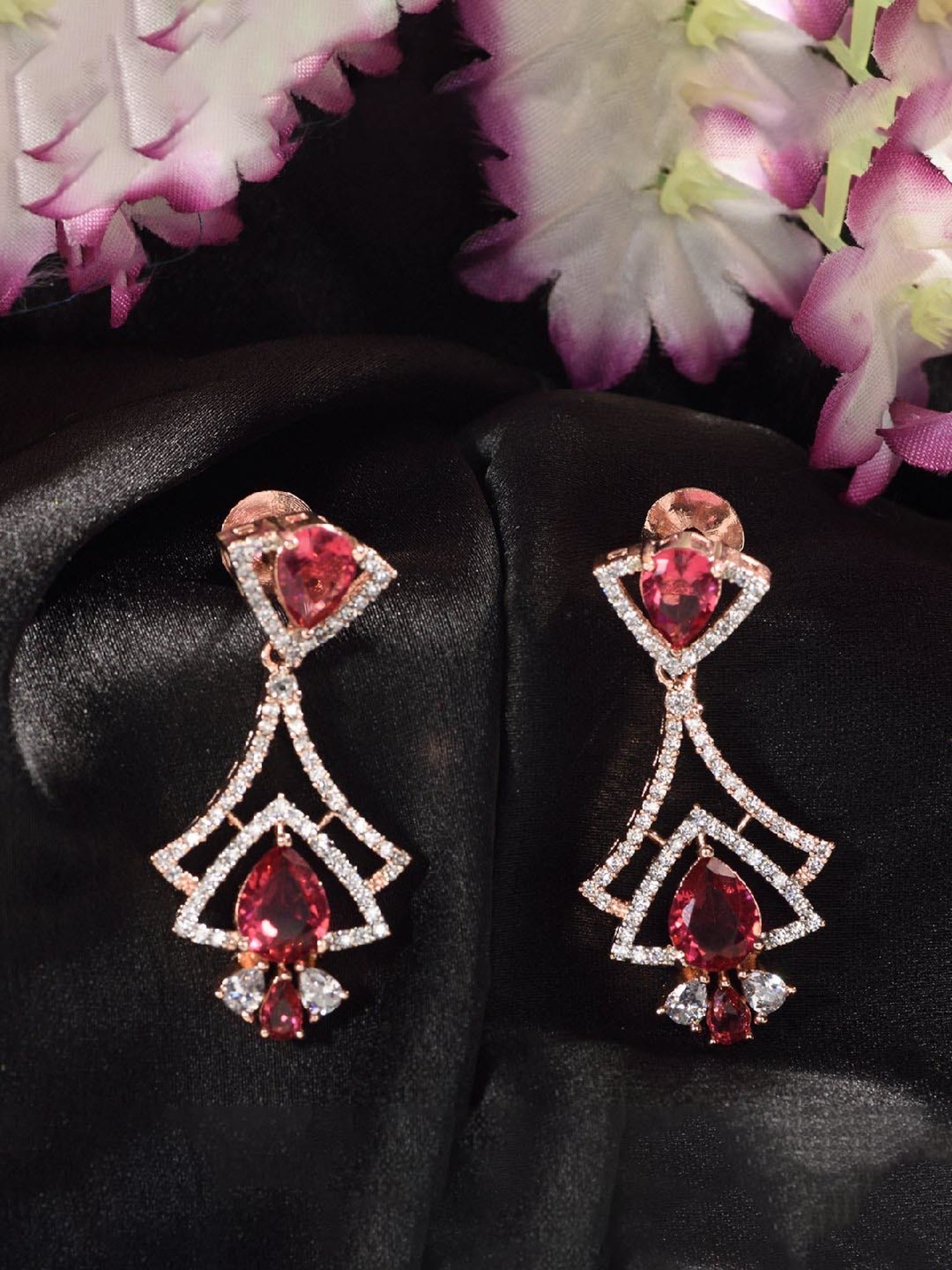 Saraf RS Jewellery Rose Gold Pink & White AD Studded Earrings