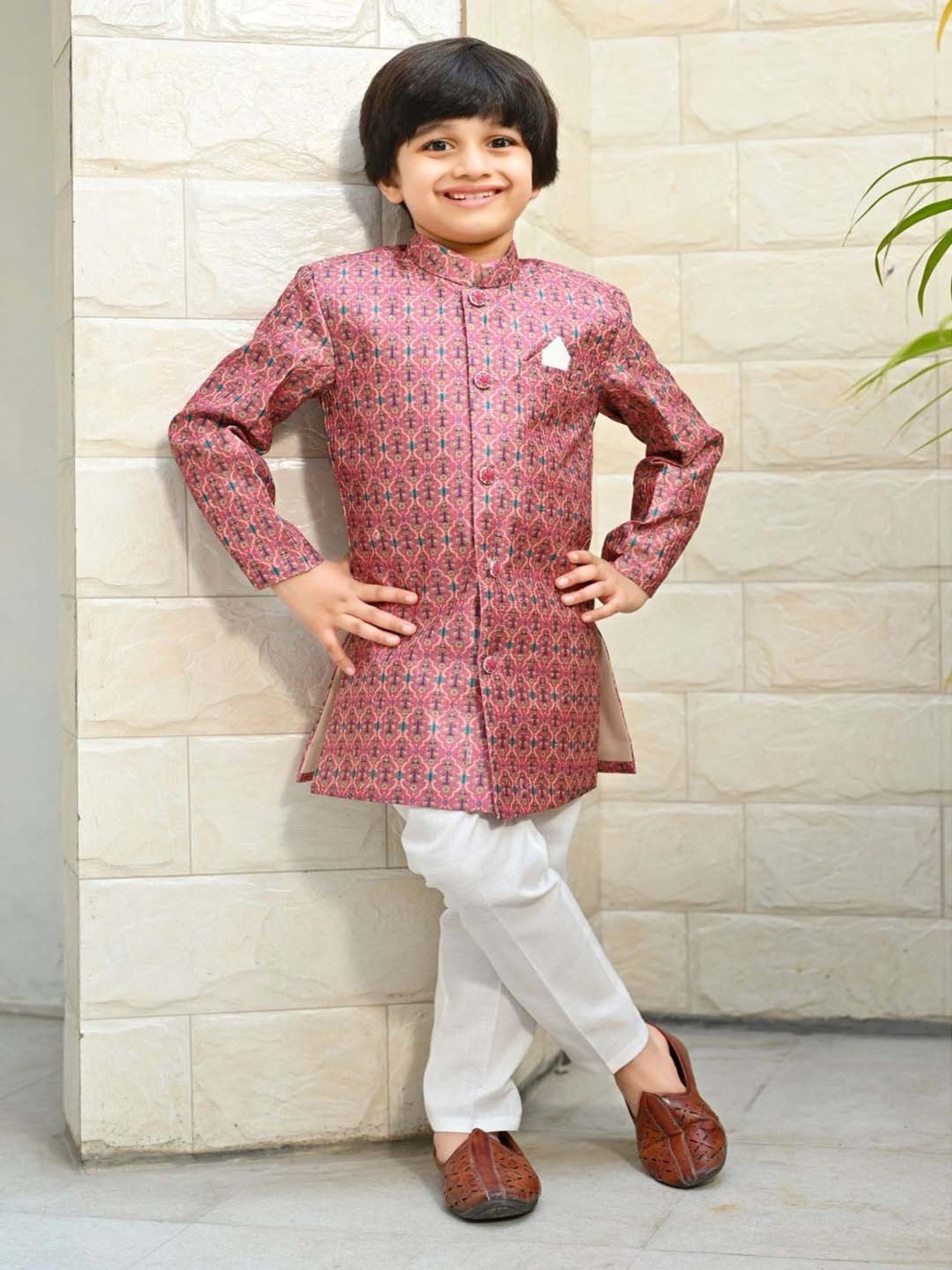 Ahhaaaa Kids Pink Embellished Full Sleeves Sherwani Set
