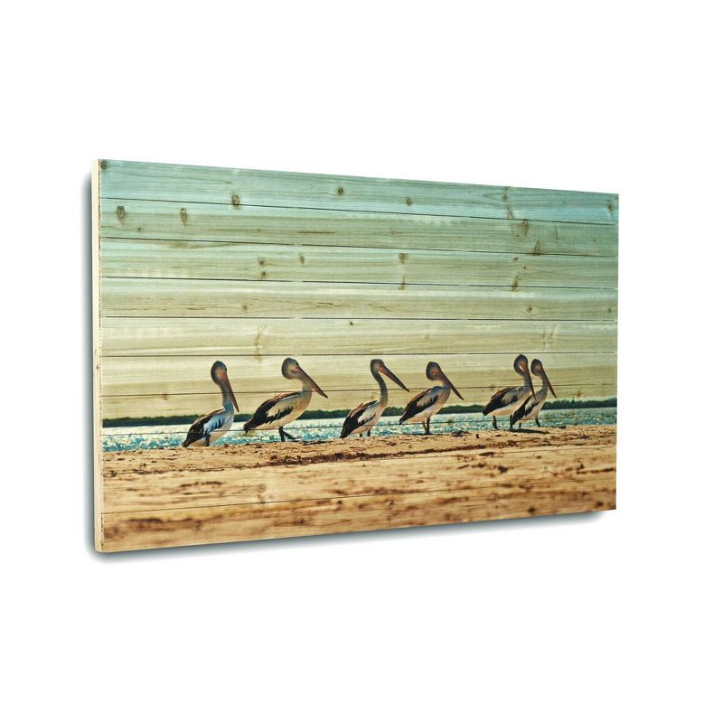 48" x 30" Walking Pelicans Print on Planked Wood Wall Sign Panel Blue - Gallery 57