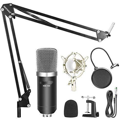 Condenser Microphone Kit NW700 MicBlack NW35 Suspension Boom Scissor Arm Stand with Mount Clamp Shock Mount Silver and Pop Filter for Home Studio Studio Broadcasting Recording