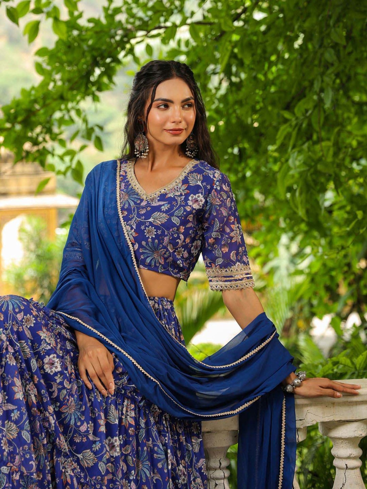 Janasya Blue Printed Lehenga Choli Set With Dupatta