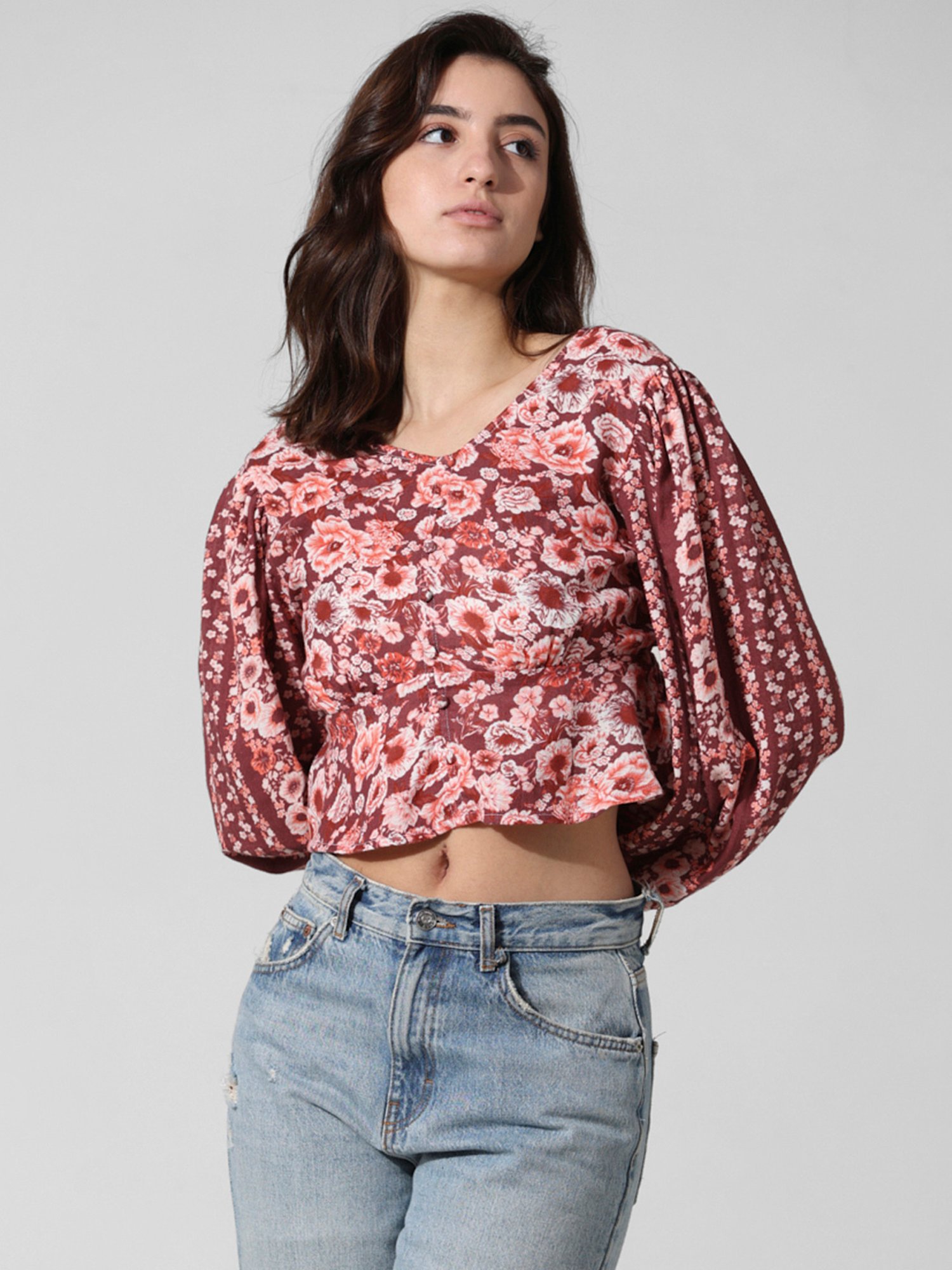Only Maroon Cotton Floral Print Peplum Top