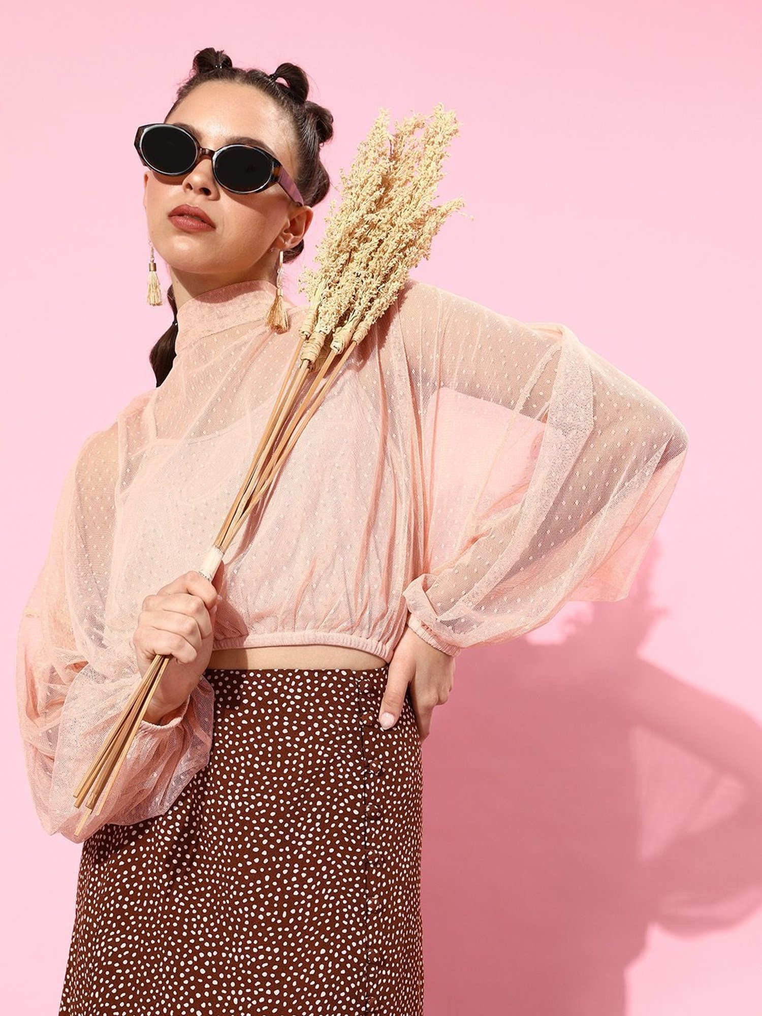 QUIERO Peach Self Design Crop Top