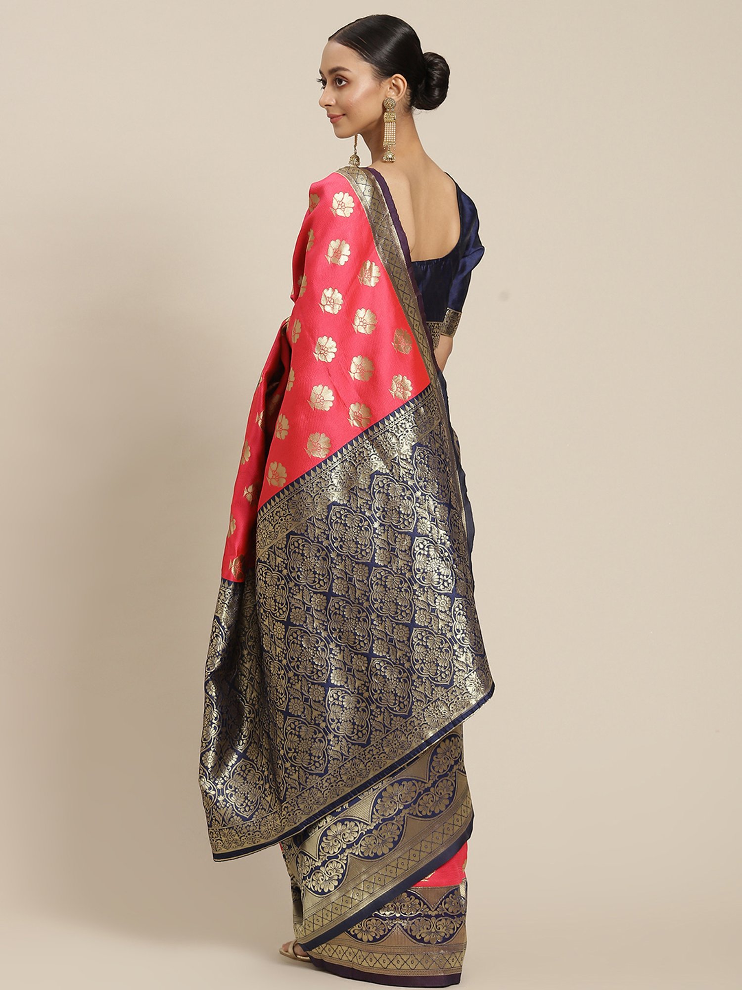KSUT Pink & Navy Silk Woven Saree With Unstitched Blouse