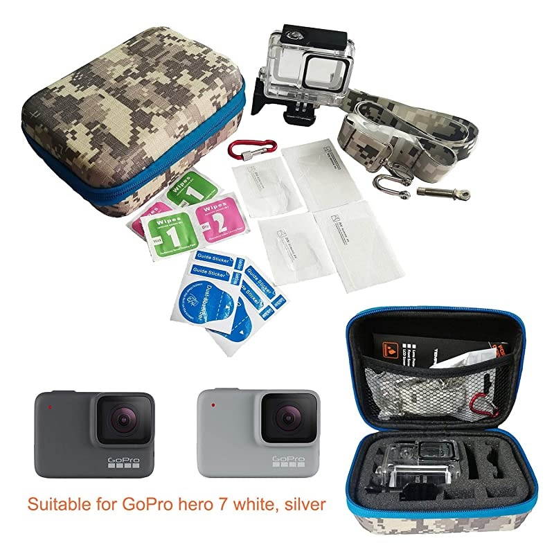Accessories kit for GoPro Hero 7 White/Silver, Including Waterproof Housing Case/Portable Small Carrying case/Screen Protector/Carabiner/Camouflage Strap/Anti-Fog Insert