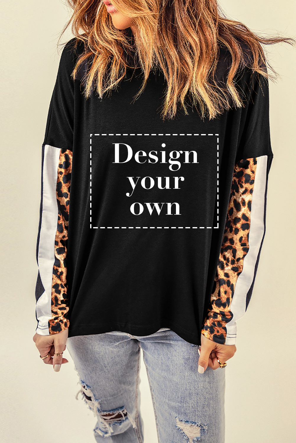 Blank Sweatshirt - Black Leopard Print Sleeve Long Sleeve Top Customized
