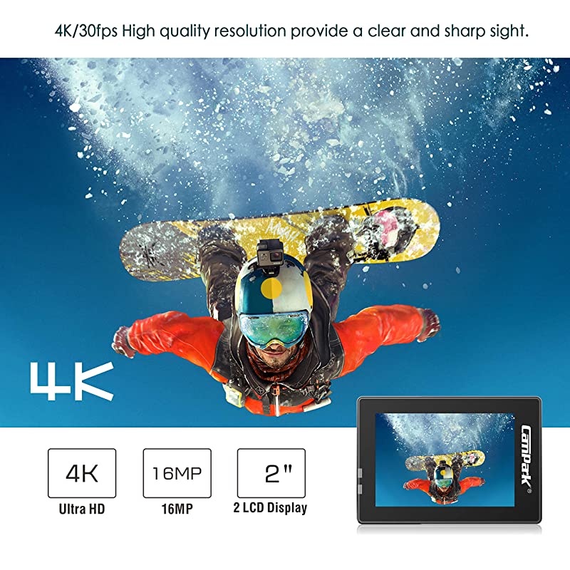 Action Camera 4K WiFi Ultra HD Camera Underwater 30M 170&deg;Wide-Angle Lens with Remote Control 2 Batteries and Mounting Accessories Kit