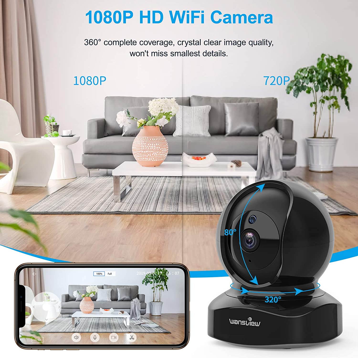 Wireless Security Camera, IP Camera 1080P HD, WiFi Home Indoor Camera for Baby/Pet/Nanny, Motion Detection, 2 Way Audio Night Vision, Works with Alexa, with TF Card Slot and Cloud