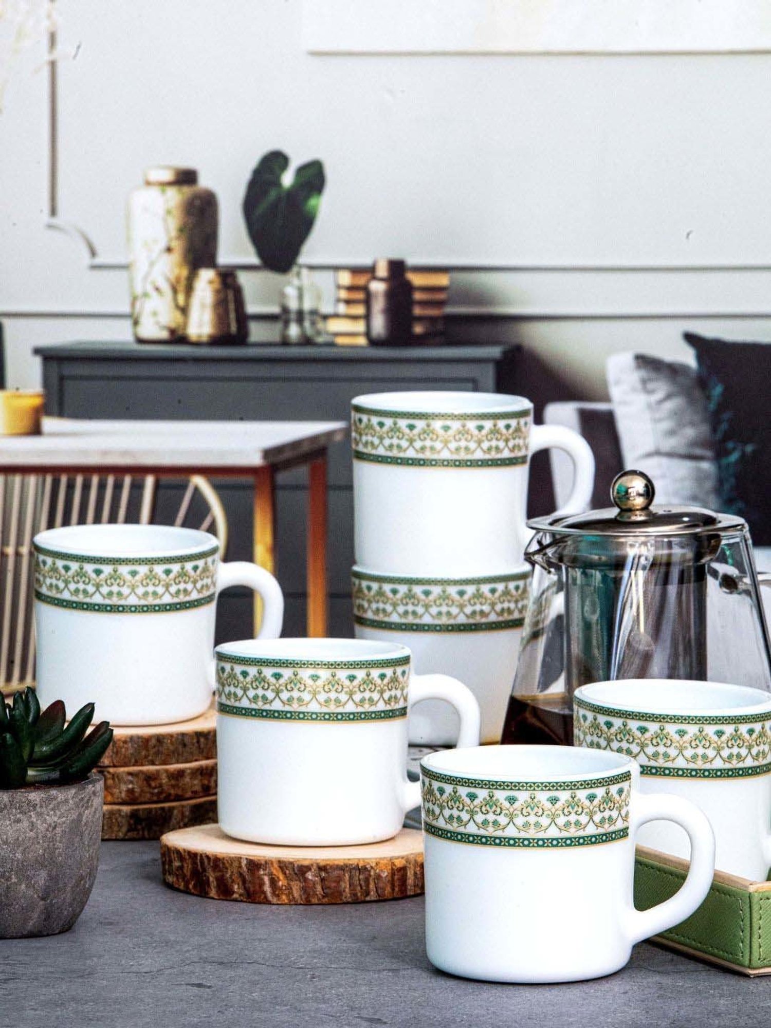 Cello White & Green Opalware Solitaire Tea Mug (0.18 L) - Set of 6