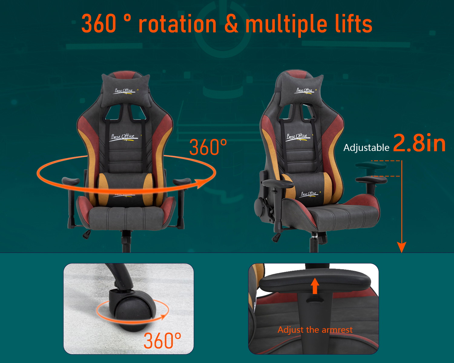 PC Gaming Chair Ergonomic Office Chair Racing Computer Chair with Lumbar Support Headrest Adjustable Armrest Rolling Swivel Desk Chair PU Leather E-Sports Task Chair