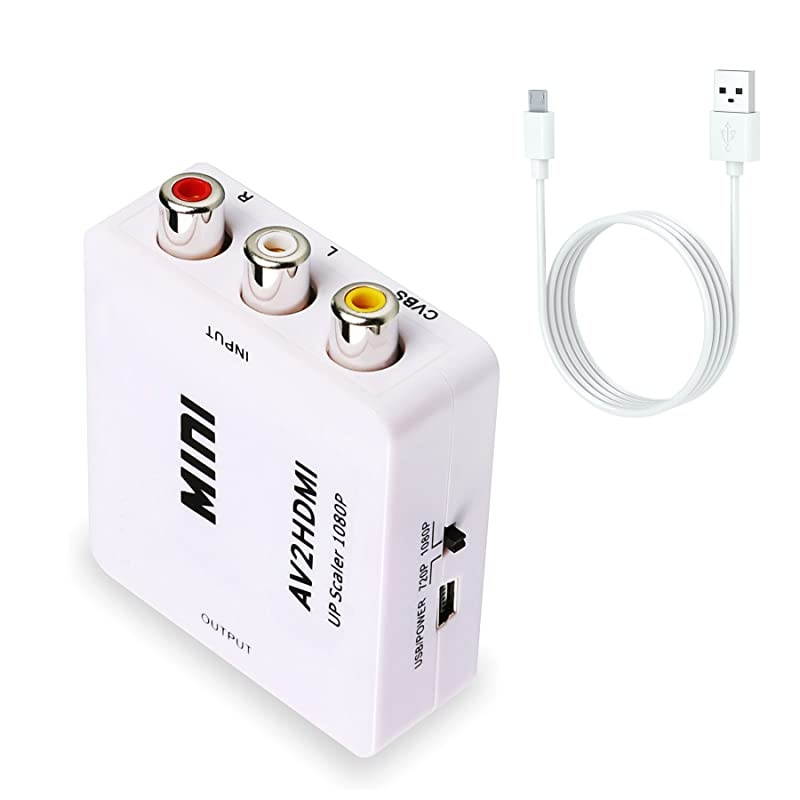 RCA to HDMI AV to HDMI  1080P Mini RCA Composite CVBS AV to HDMI Video Audio Converter Adapter Supporting PALNTSC with USB Charge Cable for PC Laptop Xbox PS4 PS3 TV STB VHS VCR DVDWhite
