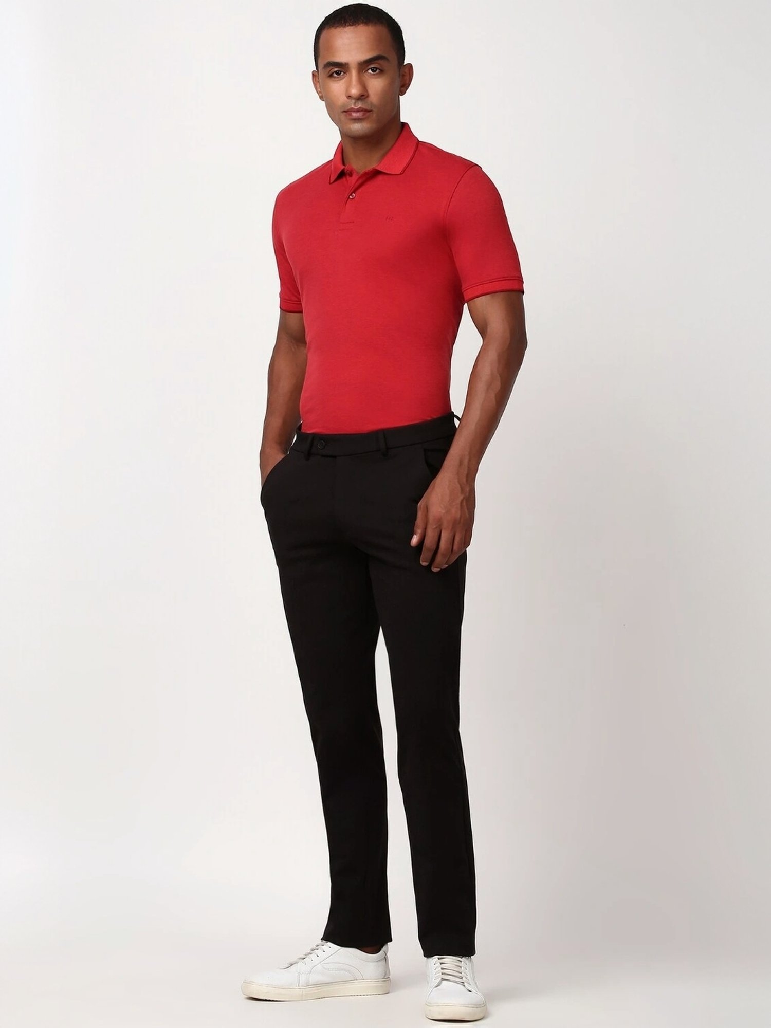 Peter England Red Cotton Regular Fit Self Pattern T-Shirt