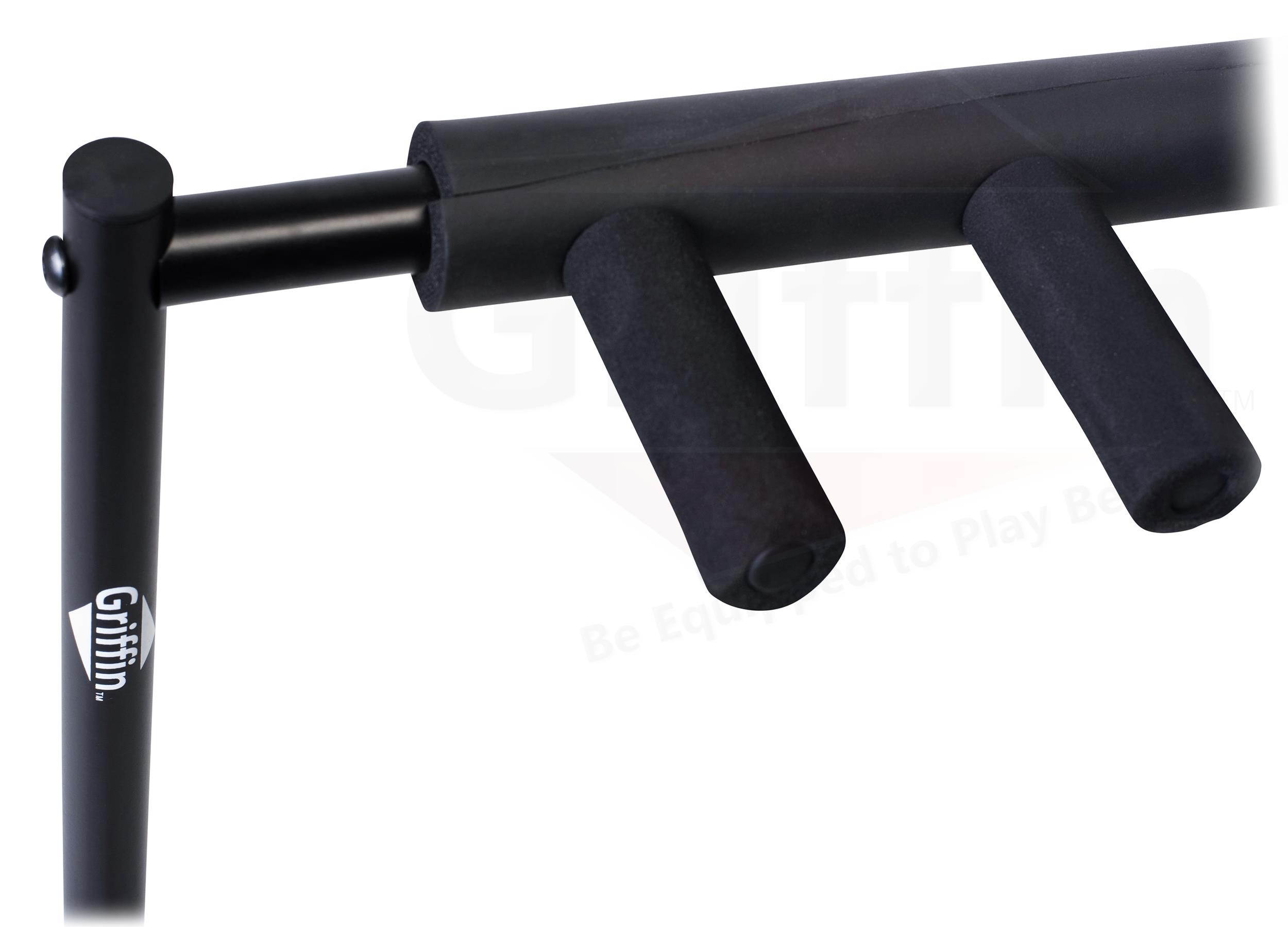 Three Guitar Rack Stand by GRIFFIN | Floor Storage Holder for Multiple Guitars | Neck Mount Support For Electric, Acoustic Bass, Accessories | Recording Studios, Schools, Stage Performers, Wall Hanger