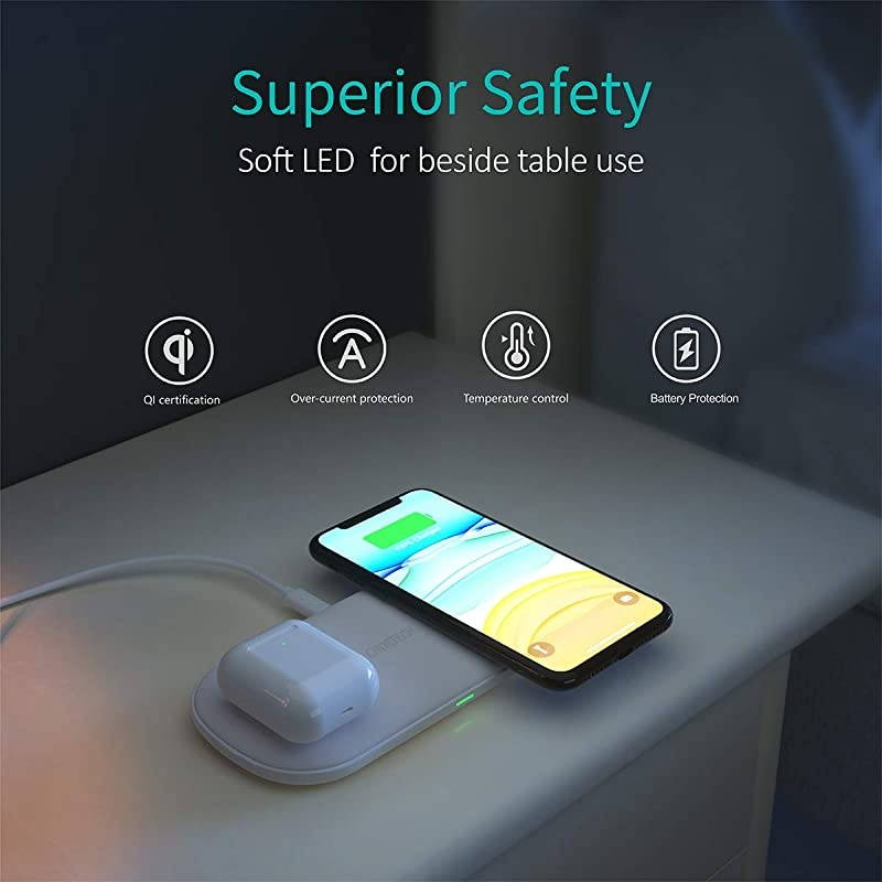 Dual Wireless Charger, 5 Coils Qi Certified Fast Wireless Charging Pad Compatible with iPhone SE 2020/11/11 Pro Max/XS Max/XR/X/8+, Galaxy S20+/S20/Note 10/S10, AirPods Pro (With Adapter)
