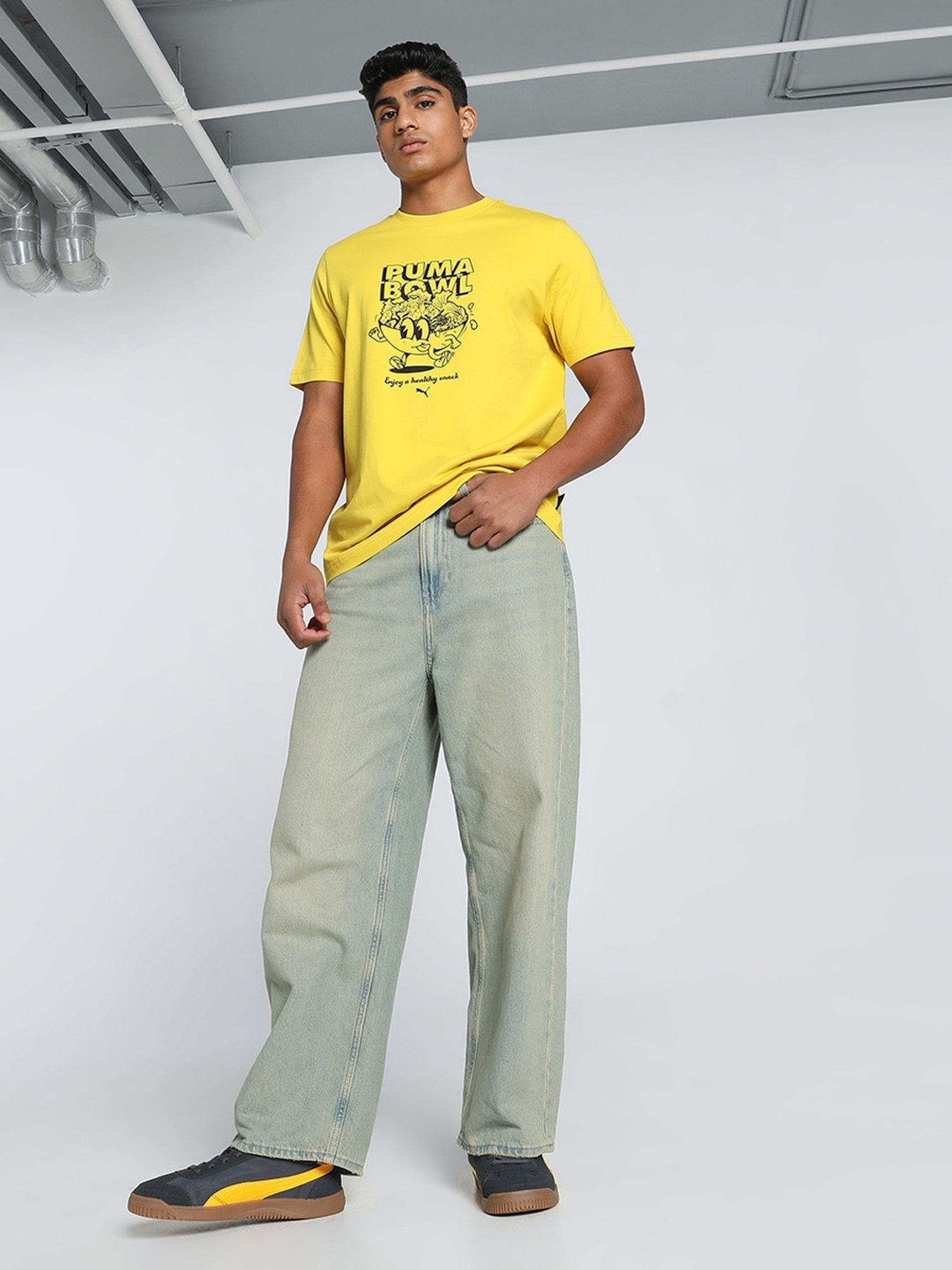 Puma Yellow Cotton Regular Fit Printed T-Shirt