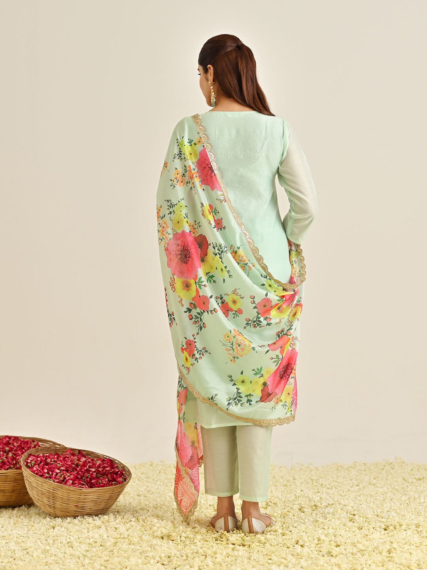 Rustorange Mint Green Embroidered Kurta With Pant & Dupatta