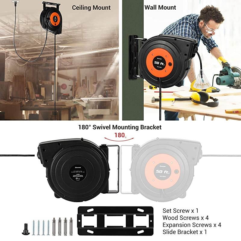 Retractable Extension Cord Reel 50 FT Heavy Duty Power Cord 14AWG3C SJTOW 3 Grounded Outlets Lighted Triple Tap 13 Amp Circuit Breaker UL Listed