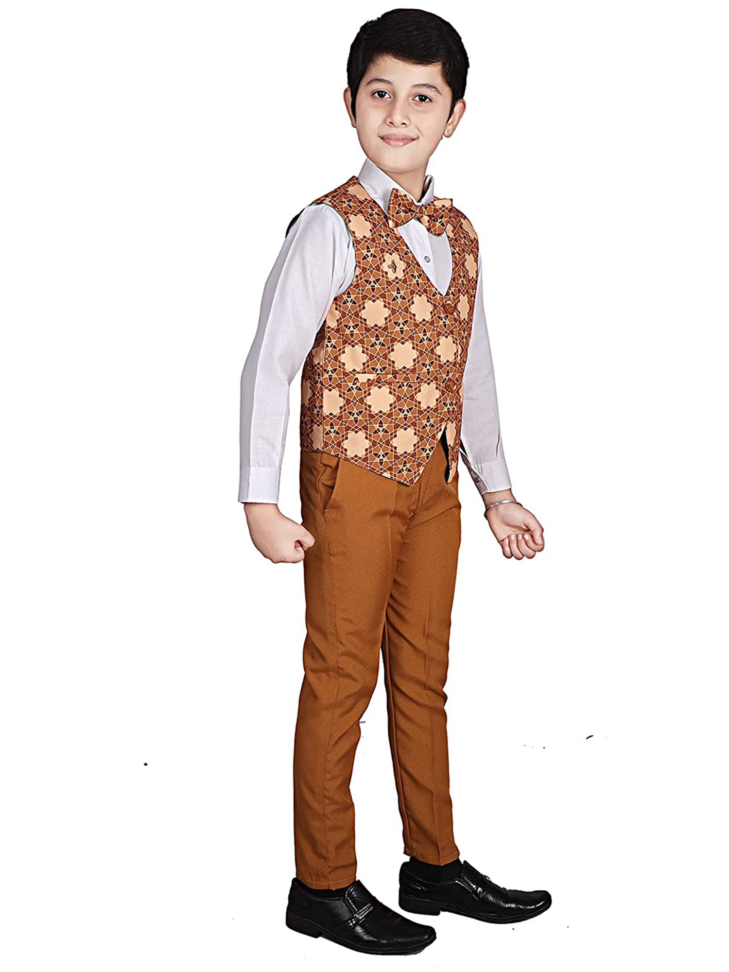 Pro-Ethic Style Developer Kids Brown & White Floral Full Sleeves Shirt, Waistcoat, Pants with Bow