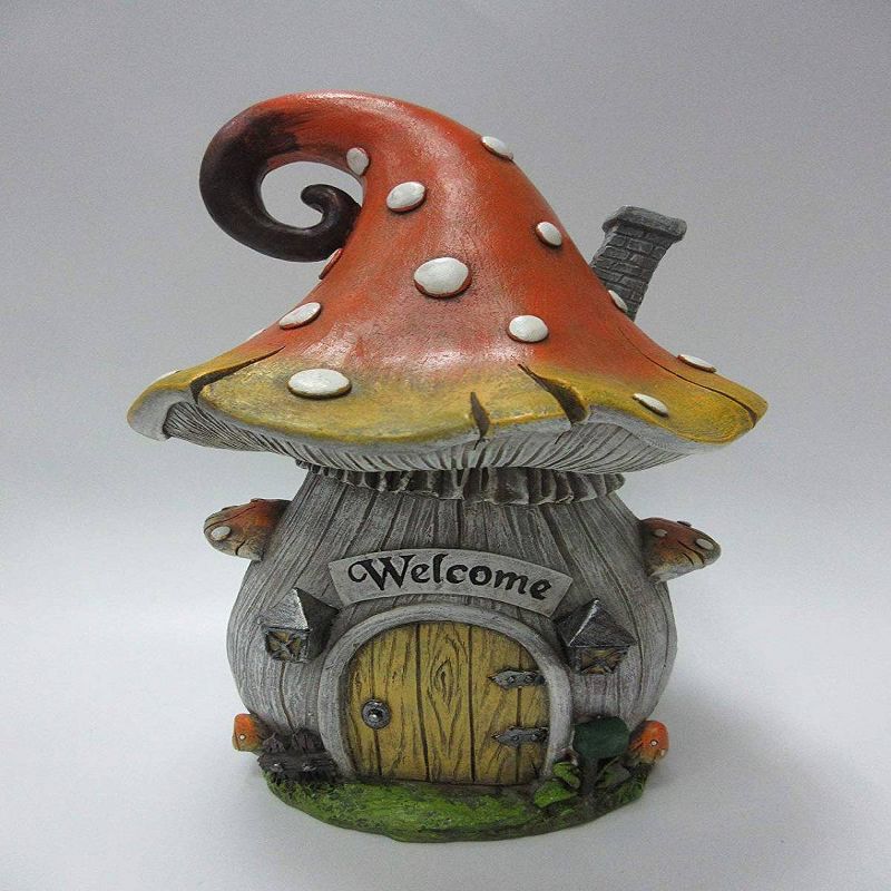 9" Polyresin Fairy Garden Mushroom House with Welcome Sign and Lights Brown - Hi-Line Gift