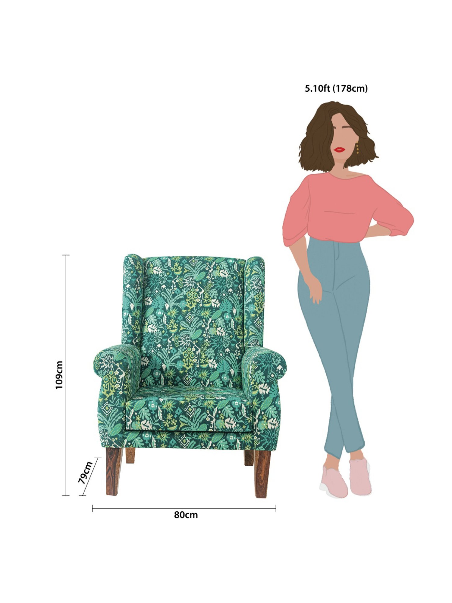 Chumbak Tropical Ikkat Floral Green Sheesham Wood Begum Wing Chair