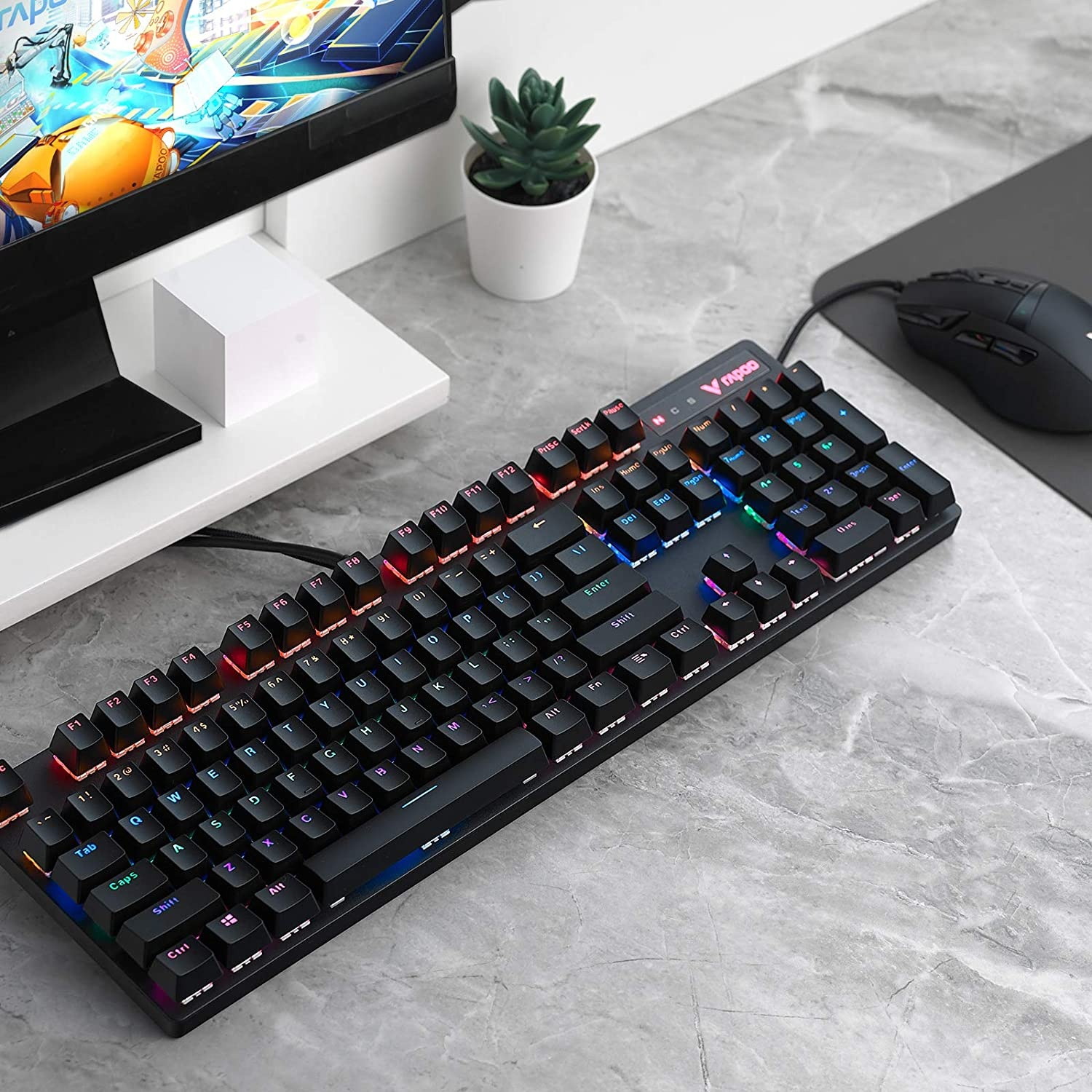 Rapoo V500PRO Wired Mechanical Gaming Keyboard Blue Switches,Dust and Water Resistance Mixed LED Backlit Keyboard for Windows Gaming PC (104 Keys, Black)